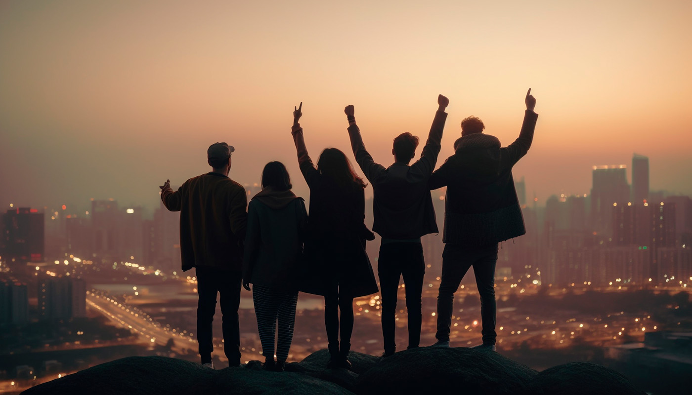 Cinco personas con los brazos en alto frente a una ciudad al atardecer