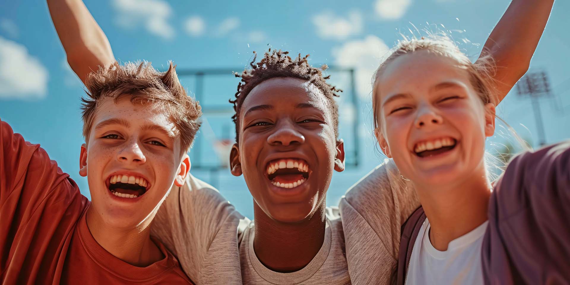 Tres jóvenes sonriendo juntos con los brazos en alto